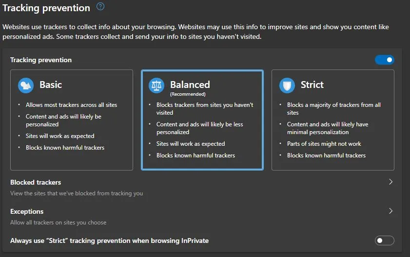 Configure tracking prevention