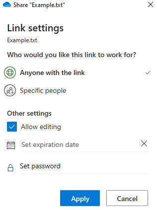 OneDrive Link Settings