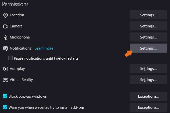 Firefox Notifications - Settings