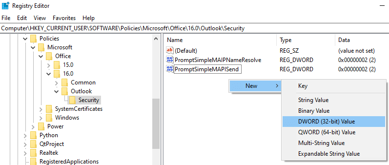 Outlook Security Values