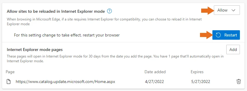 Allow sites to be reloaded in Internet Explorer mode