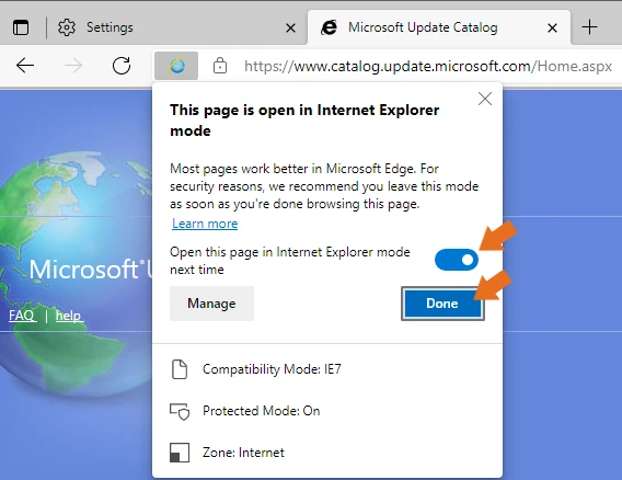 Open this page in Internet Explorer mode next time" button an